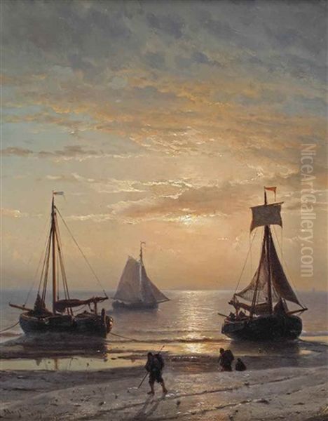 A Beach At Sunset Oil Painting by Johan Hendrik Meyer