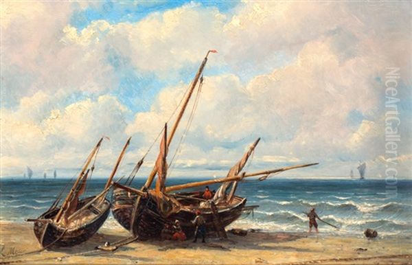 Visserboten Op Het Strand Oil Painting by Johan Hendrik Meyer