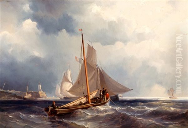 Vissersboten Boten Voor De Kust Oil Painting by Johan Hendrik Meyer