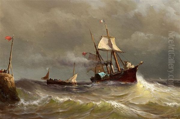 Anlandender Dampfer Vor Der Mole Oil Painting by Johan Hendrik Meyer