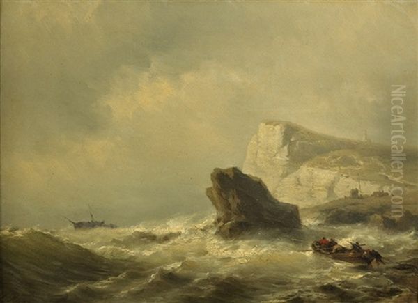 Stormy Coast With Foundering Ship & Rescue Boat Oil Painting by Johan Hendrik Meyer