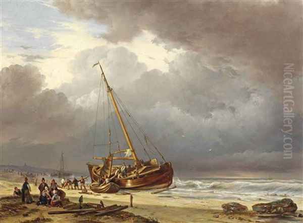 Fishermen Unloading Their Barge On The Beach Oil Painting by Johan Hendrik Meyer