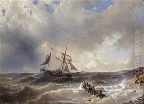 A Two-master In Choppy Waters Oil Painting by Johan Hendrik Meyer