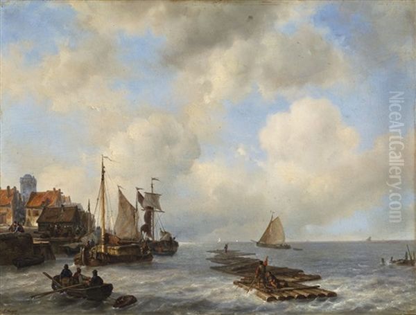 Hollandischer Fischerhafen Mit Booten Und Holzflossen by Johan Hendrik Meyer