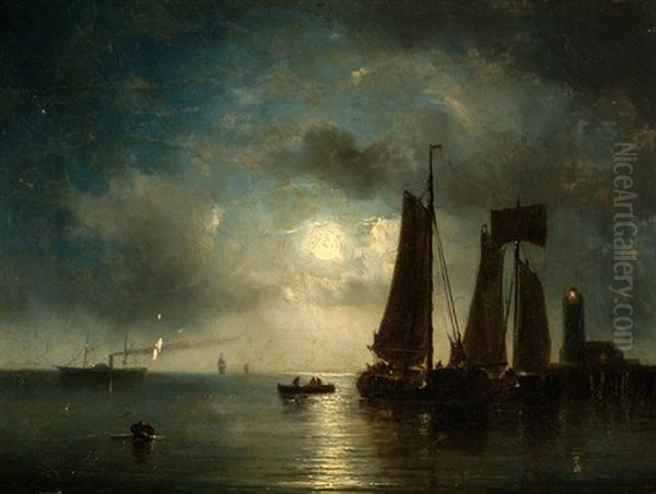 Nocturne With Sailboats Oil Painting by Johan Hendrik Meyer