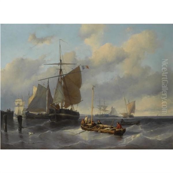 Fishing Boats Near The Coast Oil Painting by Johan Hendrik Meyer