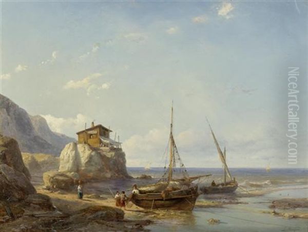 Zwei Fischerboote Am Strand Einer Kustenlandschaft Oil Painting by Johan Hendrik Meyer