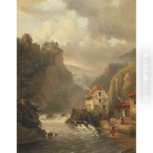 Townsfolk At A Watermill Oil Painting by Johan Hendrik Meyer