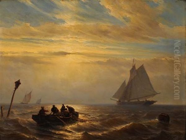 Boote Auf See In Abendstimmung Oil Painting by Johan Hendrik Meyer