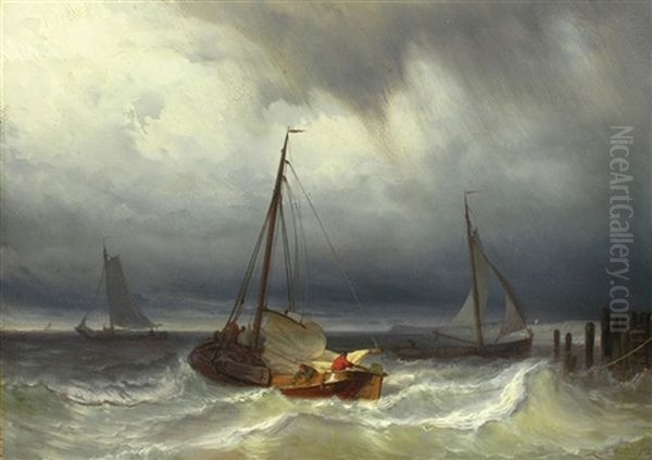 Fischerboote In Sturmischer See Oil Painting by Johan Hendrik Meyer