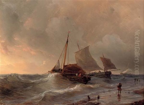 A Choppy Surf At Sunset Oil Painting by Johan Hendrik Meyer