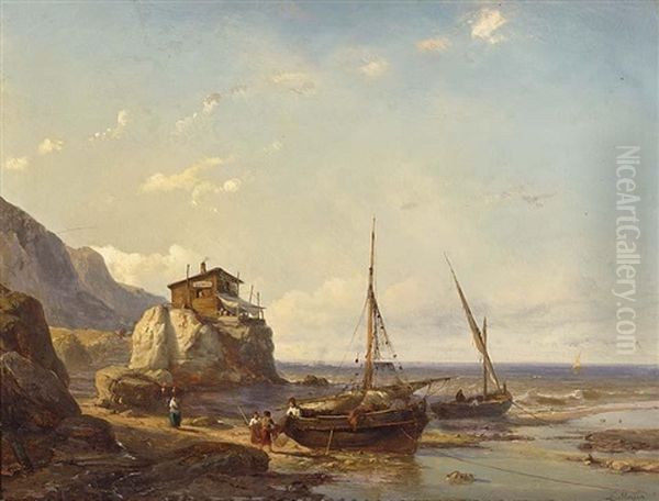 A Coastal Scene With Fishermen On The Beach Oil Painting by Johan Hendrik Meyer