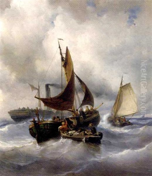 Unloading The Catch In Stormy Weather Oil Painting by Johan Hendrik Meyer