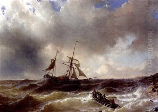 A Two-mast Near The Coast In Choppy Seas Oil Painting by Johan Hendrik Meyer