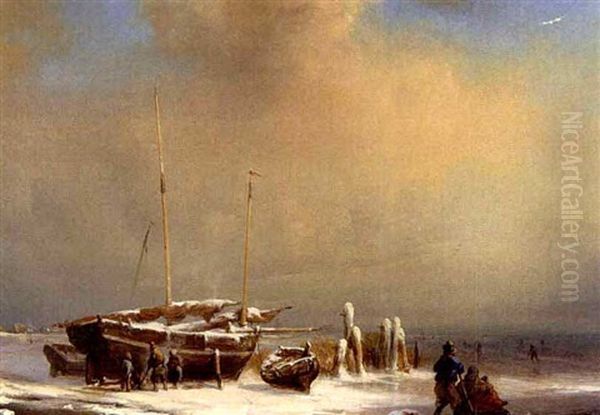 Figures Repairing A Boat On A Frozen Waterway Oil Painting by Johan Hendrik Meyer