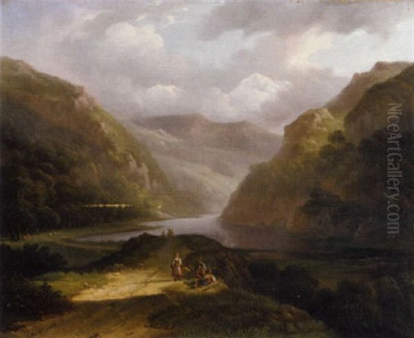 A Mountain Landscape With Countrymen Taking A Break Oil Painting by Johan Hendrik Meyer