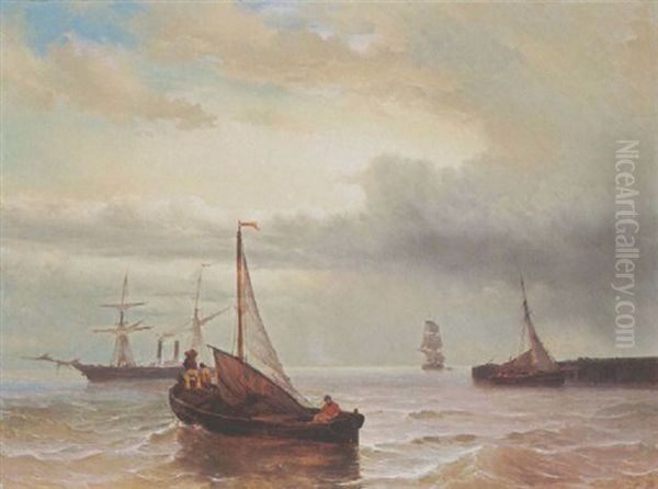 Sailing Vessels In Choppy Waters Oil Painting by Johan Hendrik Meyer