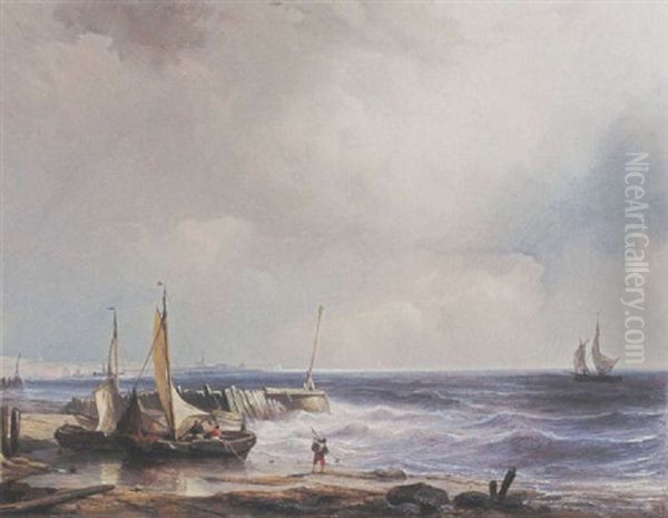 Sailing Vessels On The Shore With Katwijk In The Background Oil Painting by Johan Hendrik Meyer