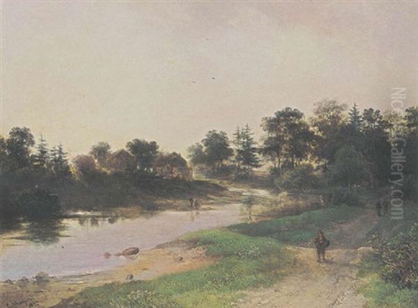 A River Landscape With Figures On A Path Oil Painting by Johan Hendrik Meyer