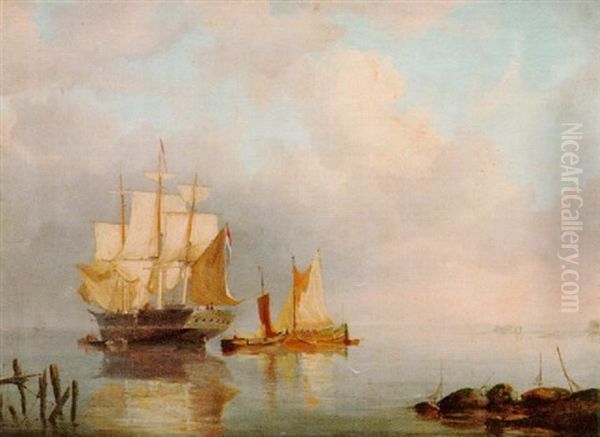 An Anchored Merchantman Off Shore Drying Her Sails, With Barges In Attendance Oil Painting by Johan Hendrik Meyer