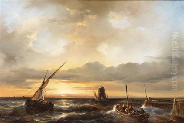 Shipping Near The Coast Off A Jetty Oil Painting by Johan Hendrik Meyer