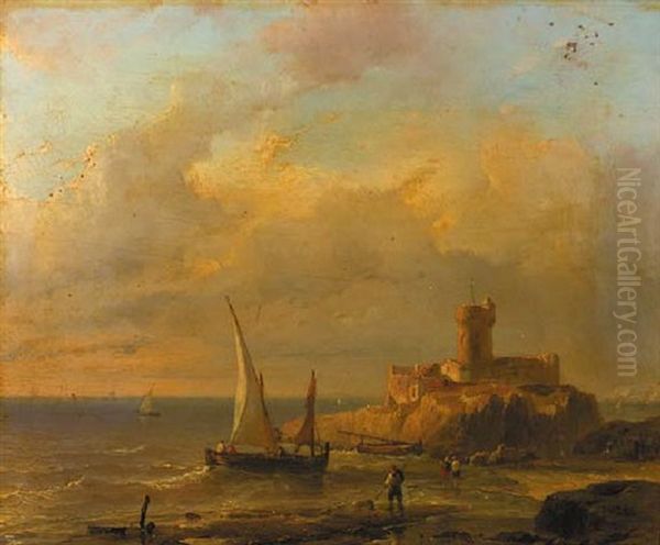 A Coastal Scene With Fishermen, A Fortress On A Rocky Outcrop In The Background Oil Painting by Johan Hendrik Meyer