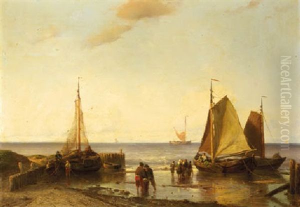 Fisherfolk Near Beached Pinken At Dusk Oil Painting by Johan Hendrik Meyer