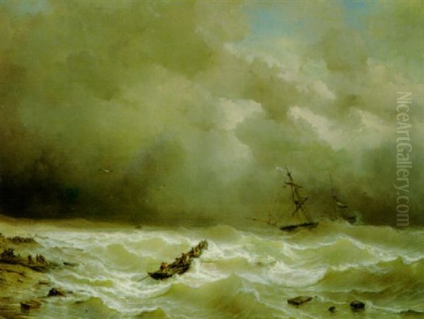 Preussische Bark In Seenot Vor Der Kuste Oil Painting by Johan Hendrik Meyer