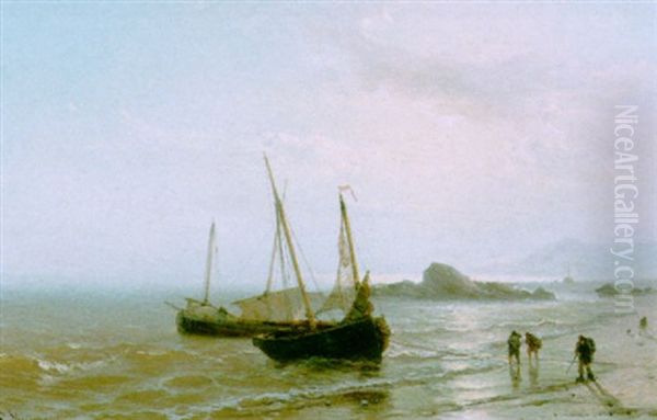 Sailing Vessels On The Shore Oil Painting by Johan Hendrik Meyer