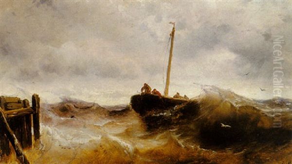 Fishing Boat Coming In From A Rough Sea Oil Painting by Johan Hendrik Meyer