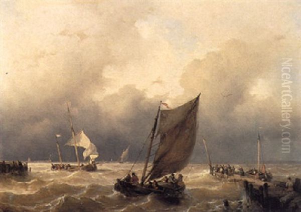 Ships Near The Coast Of The Zuiderzee Oil Painting by Johan Hendrik Meyer