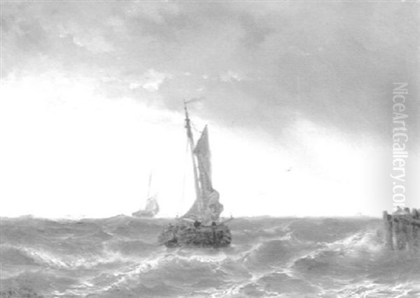 Boats On A Stormy Sea Oil Painting by Johan Hendrik Meyer