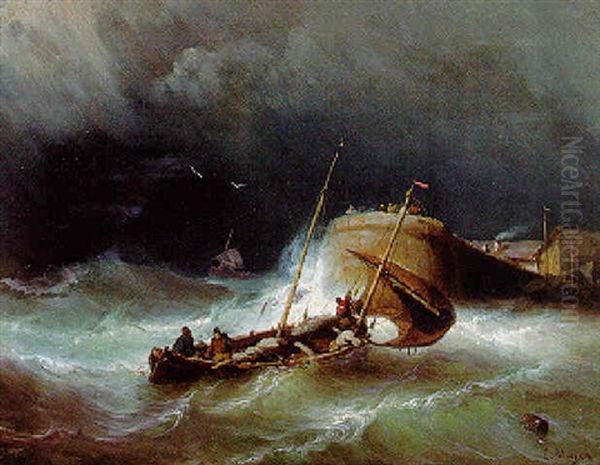 A Fishing Vessel In A Storm Lowering Sail By A Pier Oil Painting by Johan Hendrik Meyer