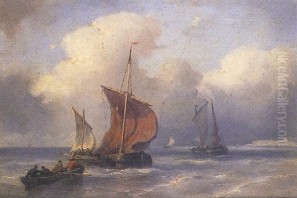 Fishing Boats Off The Dutch Coast Oil Painting by Johan Hendrik Meyer