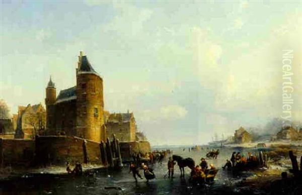 Figures Skating Near A Castle Oil Painting by Johan Hendrik Meyer