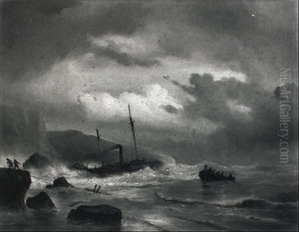 Rocky Coastal Landscape With Sailors Trying To Save A Steamer Oil Painting by Johan Hendrik Meyer