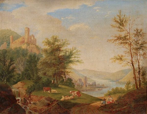 Idyllic Rhine Landscape Oil Painting by Johann Jakob Meyer