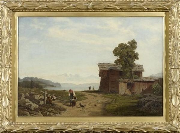 Bauernfamilie Vor Einem Bauernhaus In Einer Weiten Seelandschaft Oil Painting by Jost Meyer-Am Rhyn