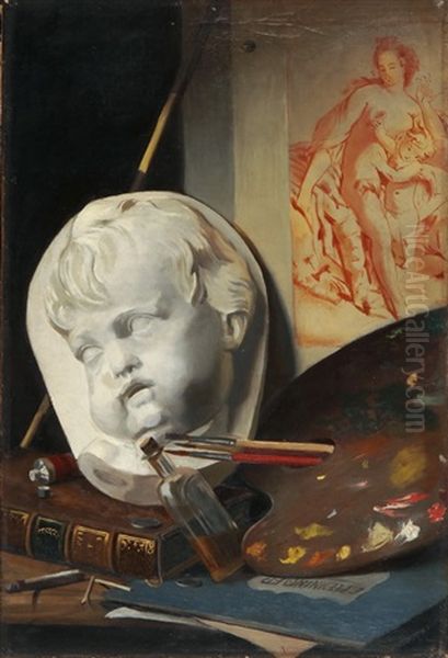 Trompe L'oeil, Hommage An Elizabeth Pfenninger, 20. Jh Oil Painting by Carl Theodor Meyer-Basel