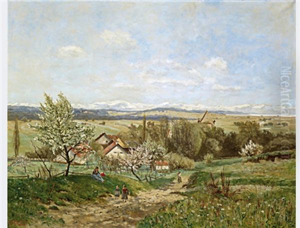 South German Landscape In The Spring, With Views Of A Lake And The Alps Oil Painting by Carl Theodor Meyer-Basel