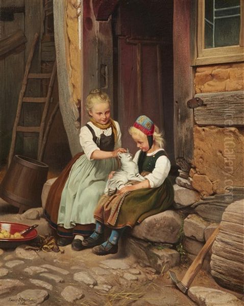 Two Peasant Girls With A Cat Oil Painting by Franz Meyerheim