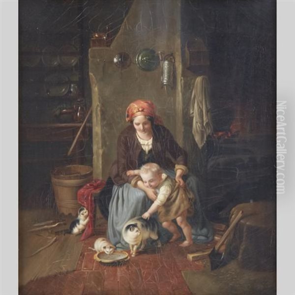 The Favourite; Playtime With Mother Cat And Her Kittens (pair) Oil Painting by Franz Meyerheim