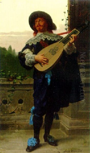 A Young Man Playing A Mandolin Oil Painting by Franz Meyerheim