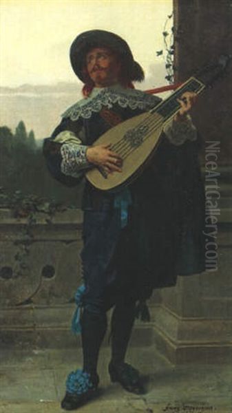 A Guitar Player Oil Painting by Franz Meyerheim