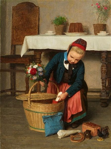 The Birthday Basket - Painting And Oil Study Oil Painting by Friedrich Eduard Meyerheim