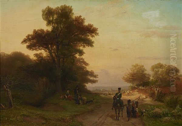 Country Road And People Oil Painting by Friedrich Eduard Meyerheim