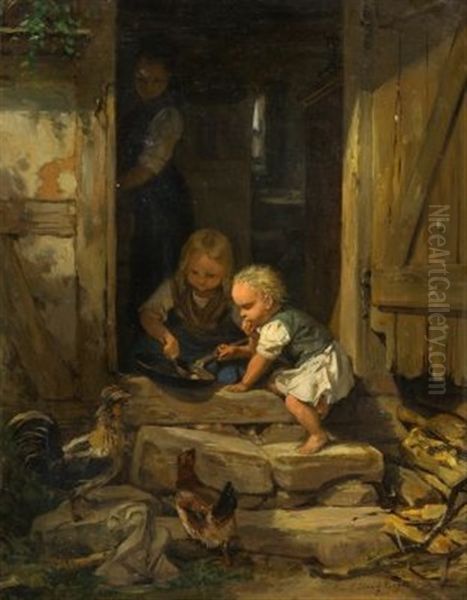 Kinder Beim Naschen Vor Dem Haus by Friedrich Eduard Meyerheim