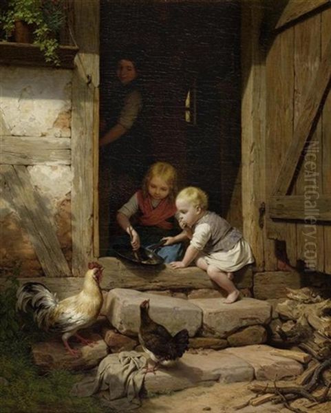 Kinder Beim Naschen Vor Dem Haus Oil Painting by Friedrich Eduard Meyerheim