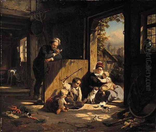 Fang Die Maus (catch The Mouse) Oil Painting by Friedrich Eduard Meyerheim