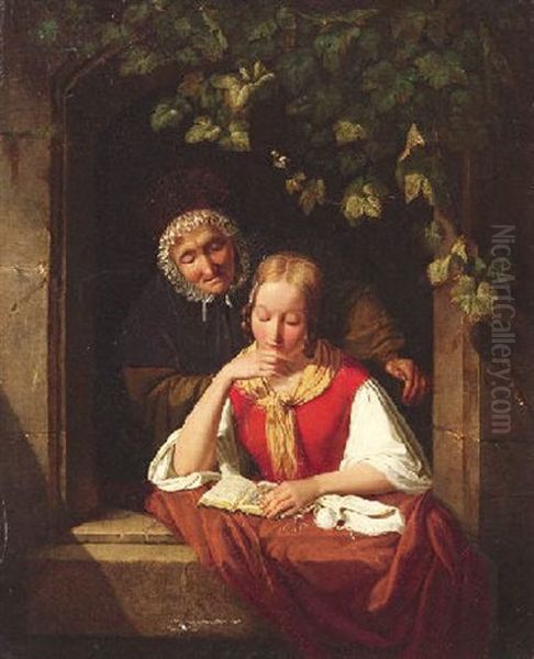 Genreszene. Grosmutter Und Enkelin Bei Der Lekture In Einer Fensternische Oil Painting by Friedrich Eduard Meyerheim